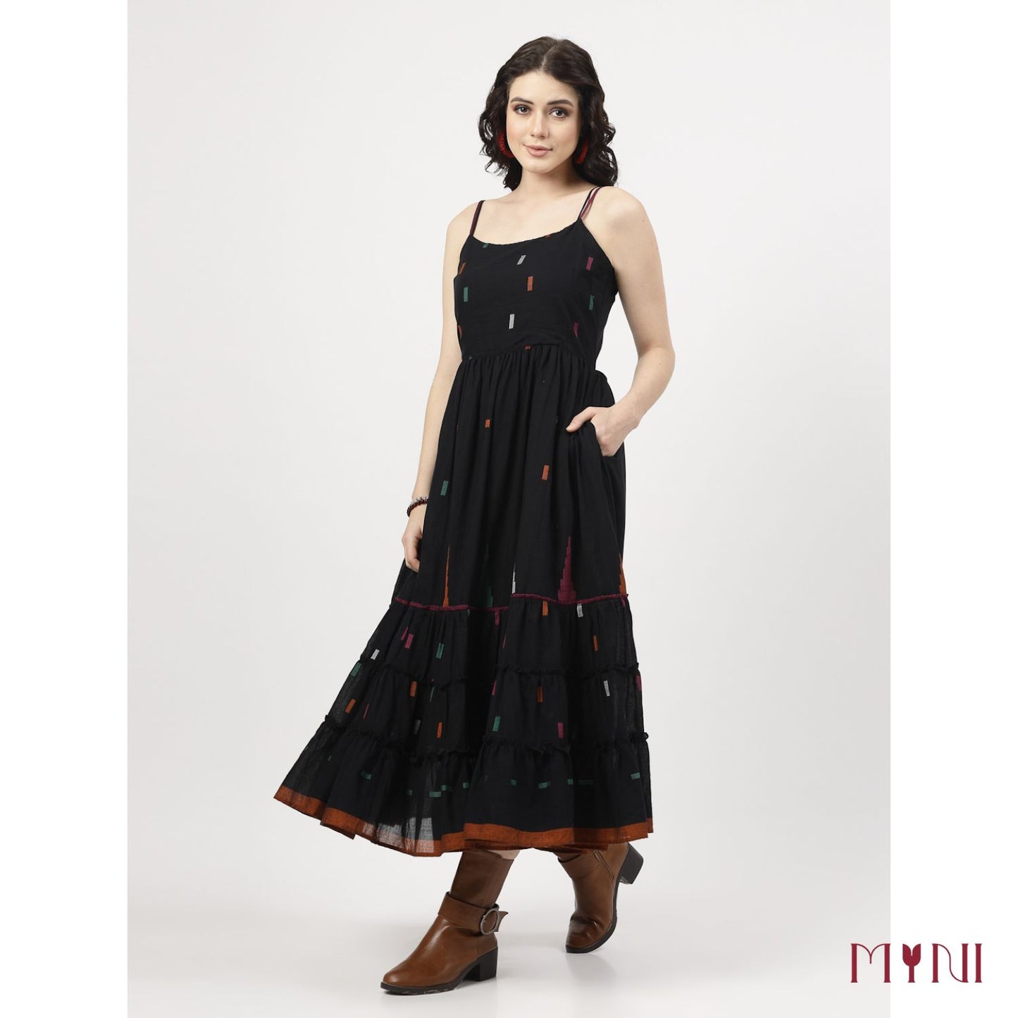 Black Ikat Work Tiered Dress