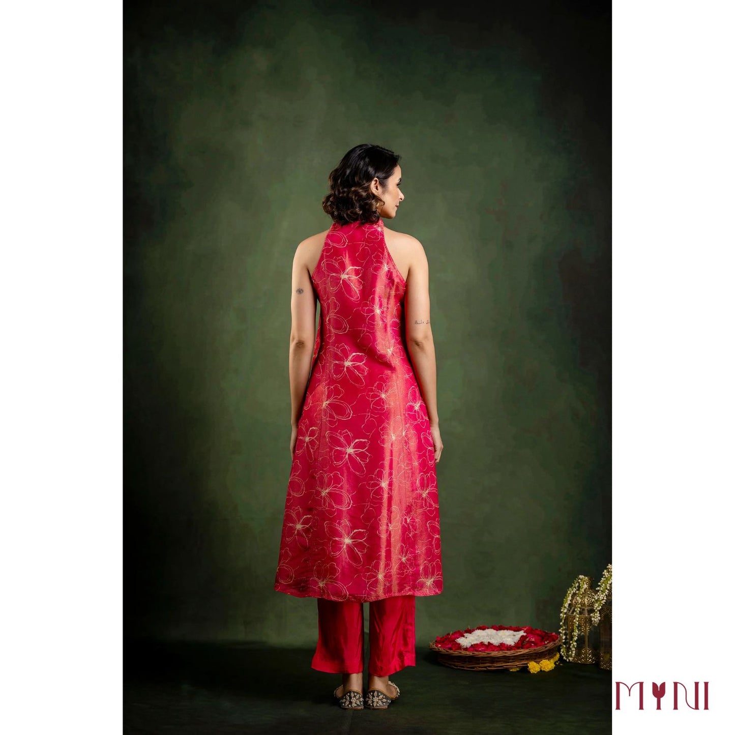 Rosy Shimmer Halter Neck Tissue Kurta With Pant