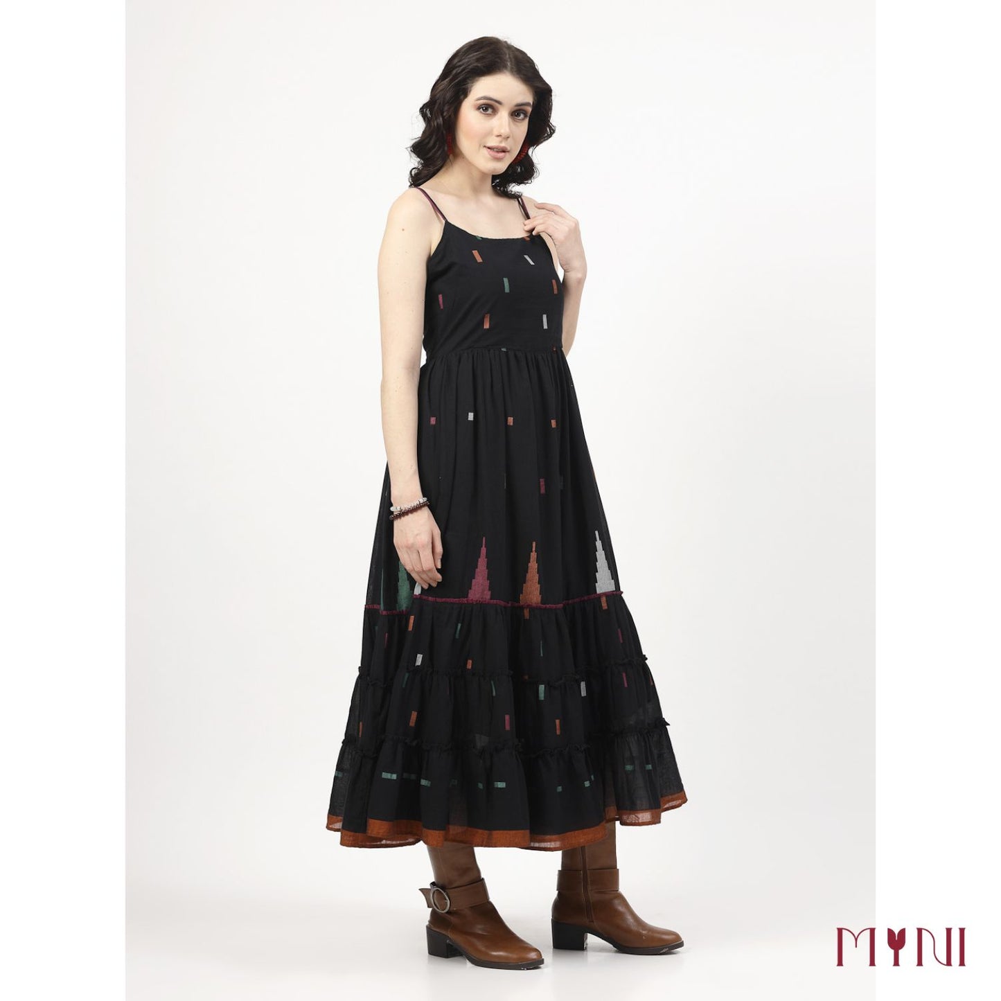 Black Ikat Work Tiered Dress