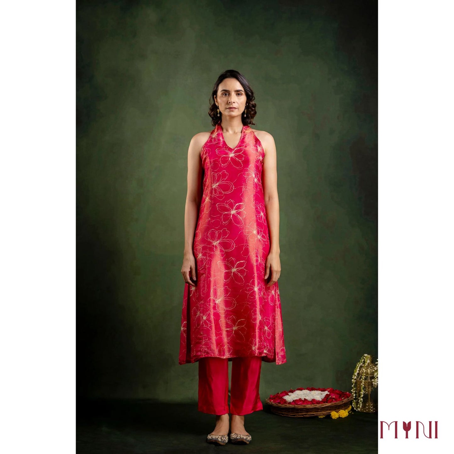 Rosy Shimmer Halter Neck Tissue Kurta With Pant