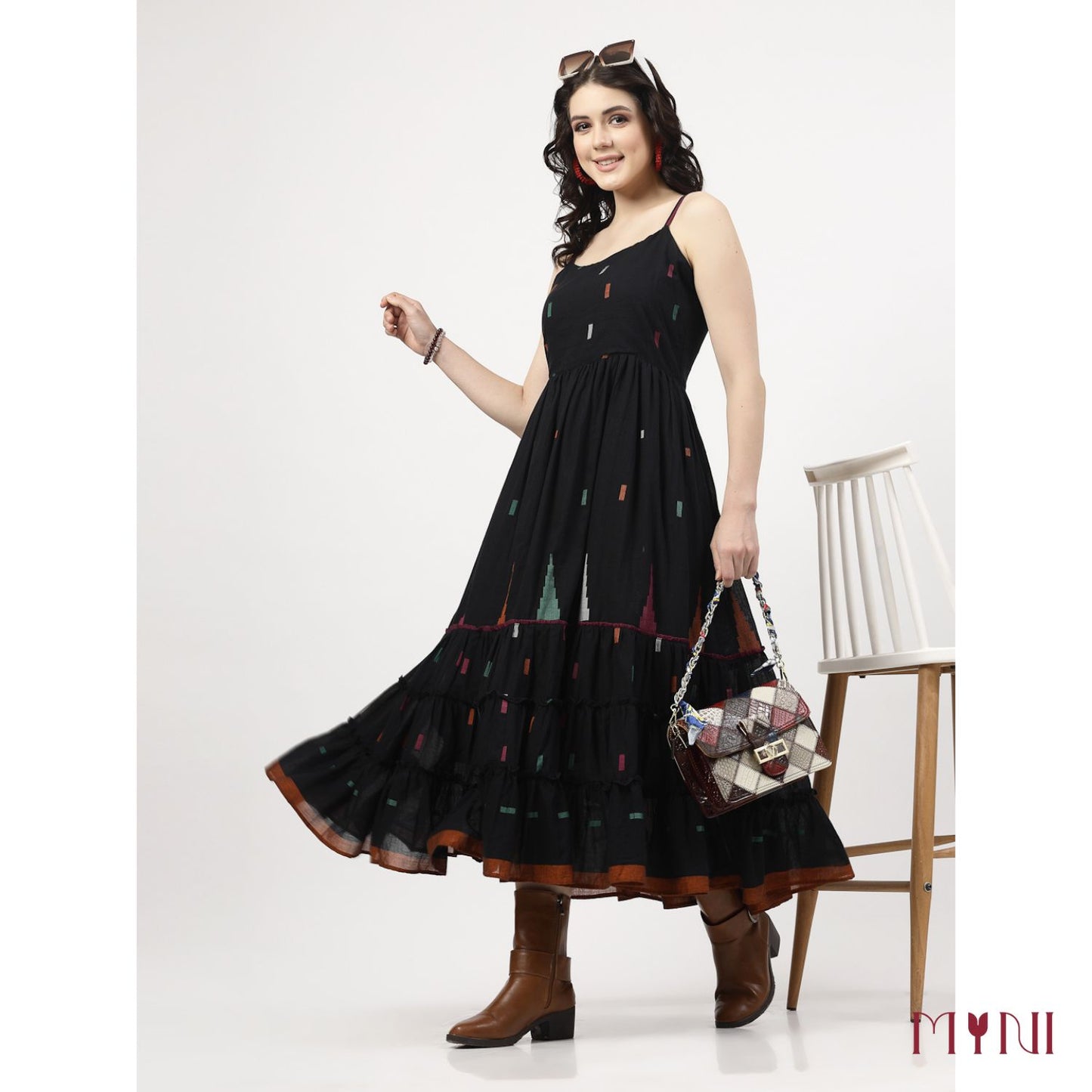 Black Ikat Work Tiered Dress
