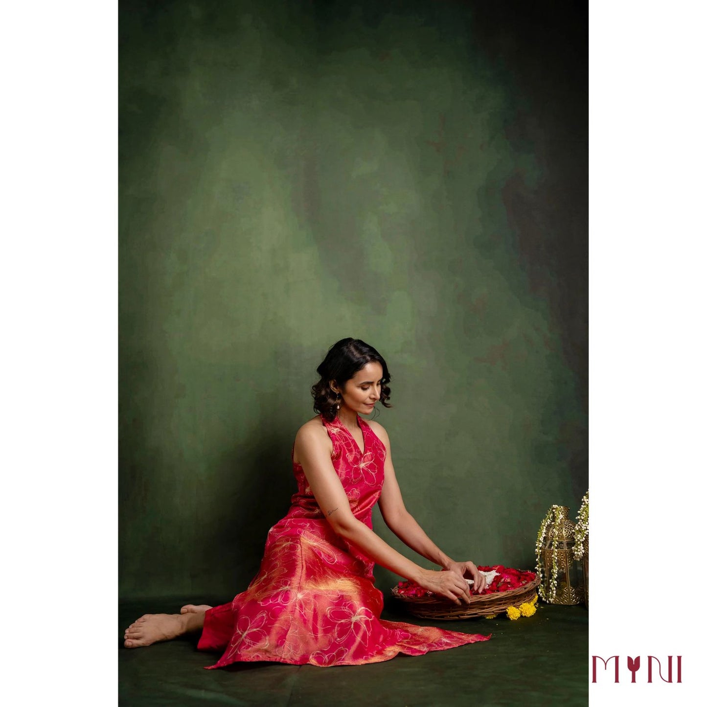 Rosy Shimmer Halter Neck Tissue Kurta With Pant