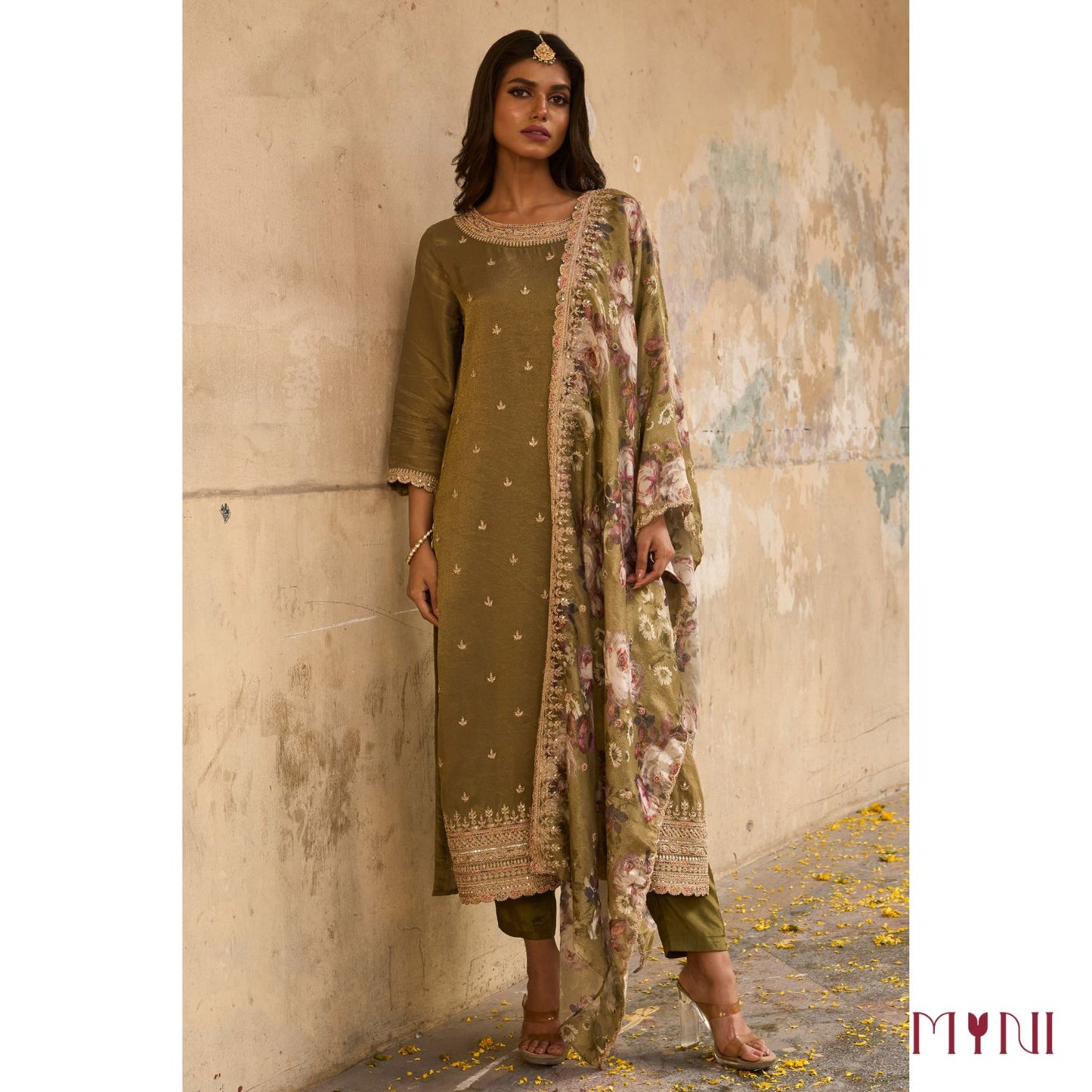 Olive Embroidered Tissue Kurta Set With Printed Dupatta