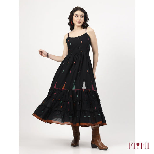 Black Ikat Work Tiered Dress
