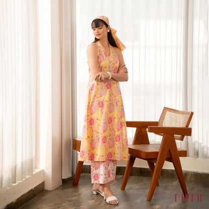 Butter Yellow Halter Neck Floral Print Cotton Kurta Set