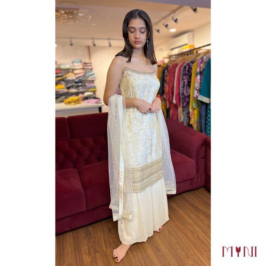 Ivory Kurta Set with Palazzo & Net Dupatta