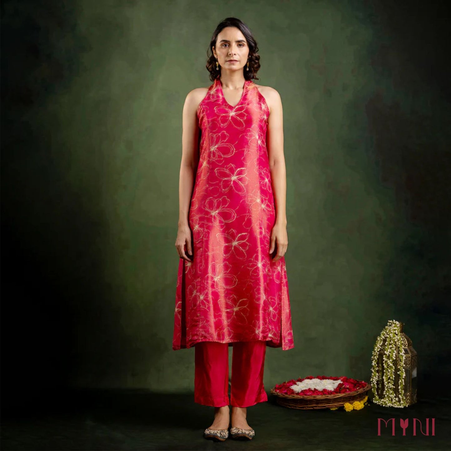 Tissue Silk Halter Neck Kurta Pant with Shantoon Fabric