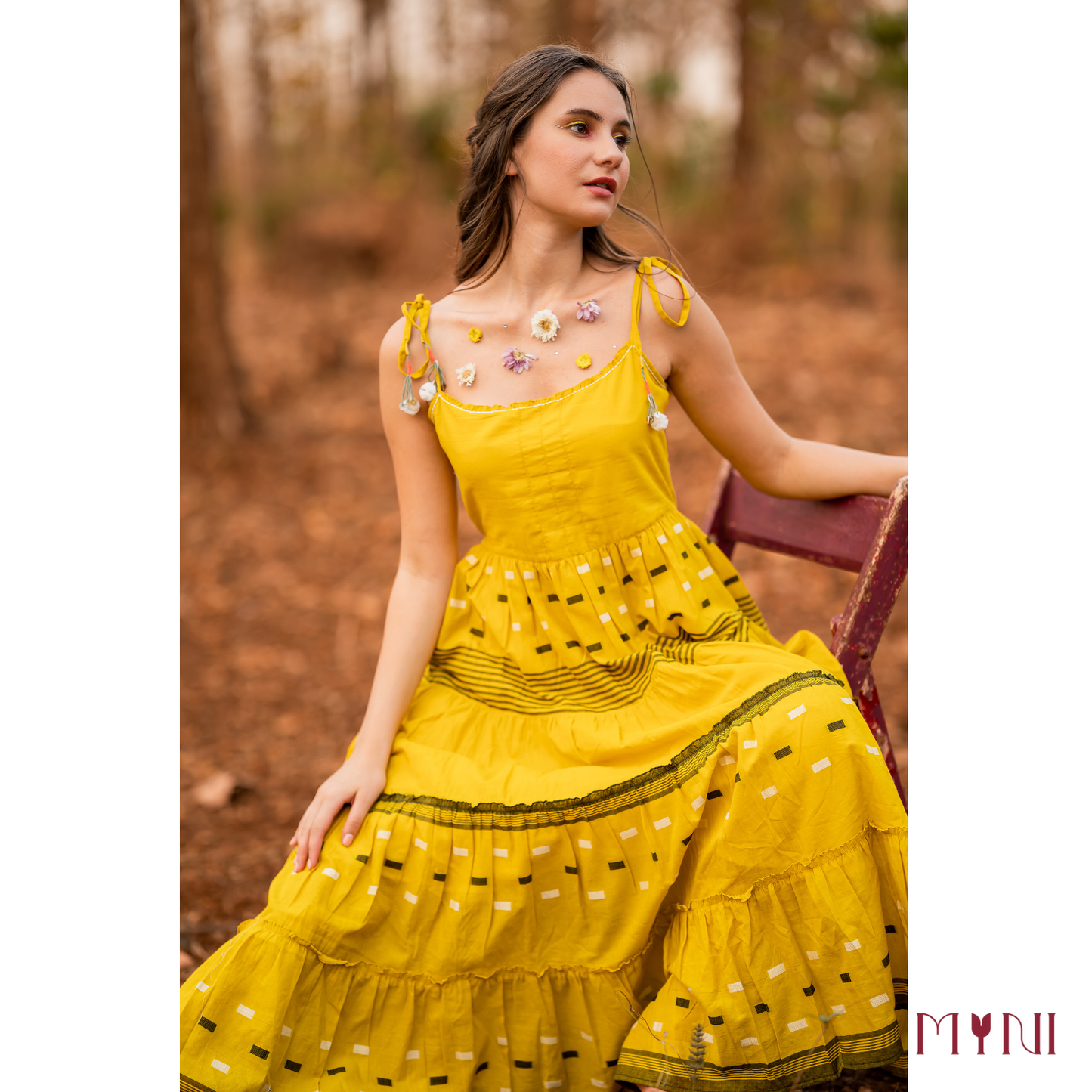 Jamdani Mustard Tiered Dress