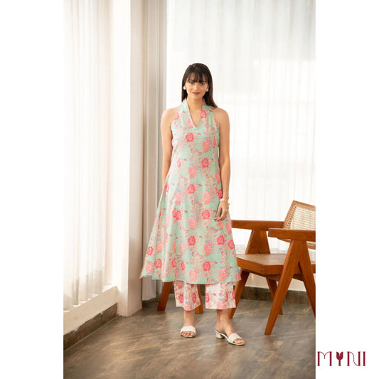 Pastel Green Halter Neck Floral Print Cotton Kurta Set