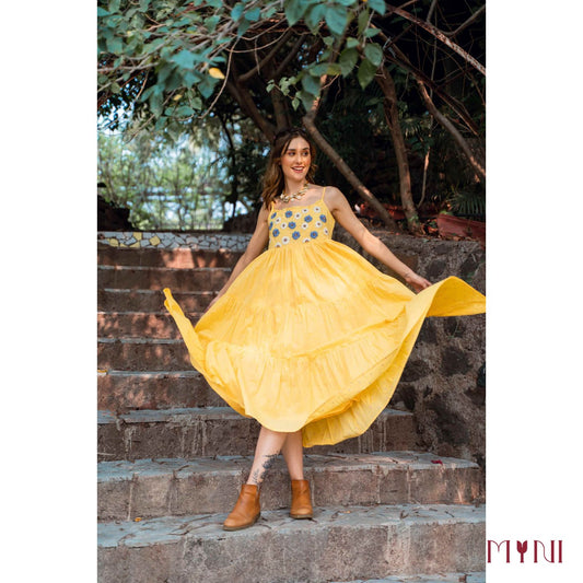 Yellow Embroidered Tiered Midi Dress