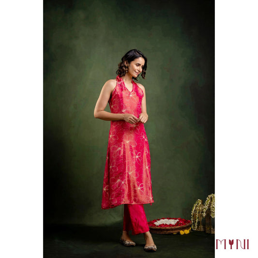 Rosy Shimmer Halter Neck Tissue Kurta With Pant