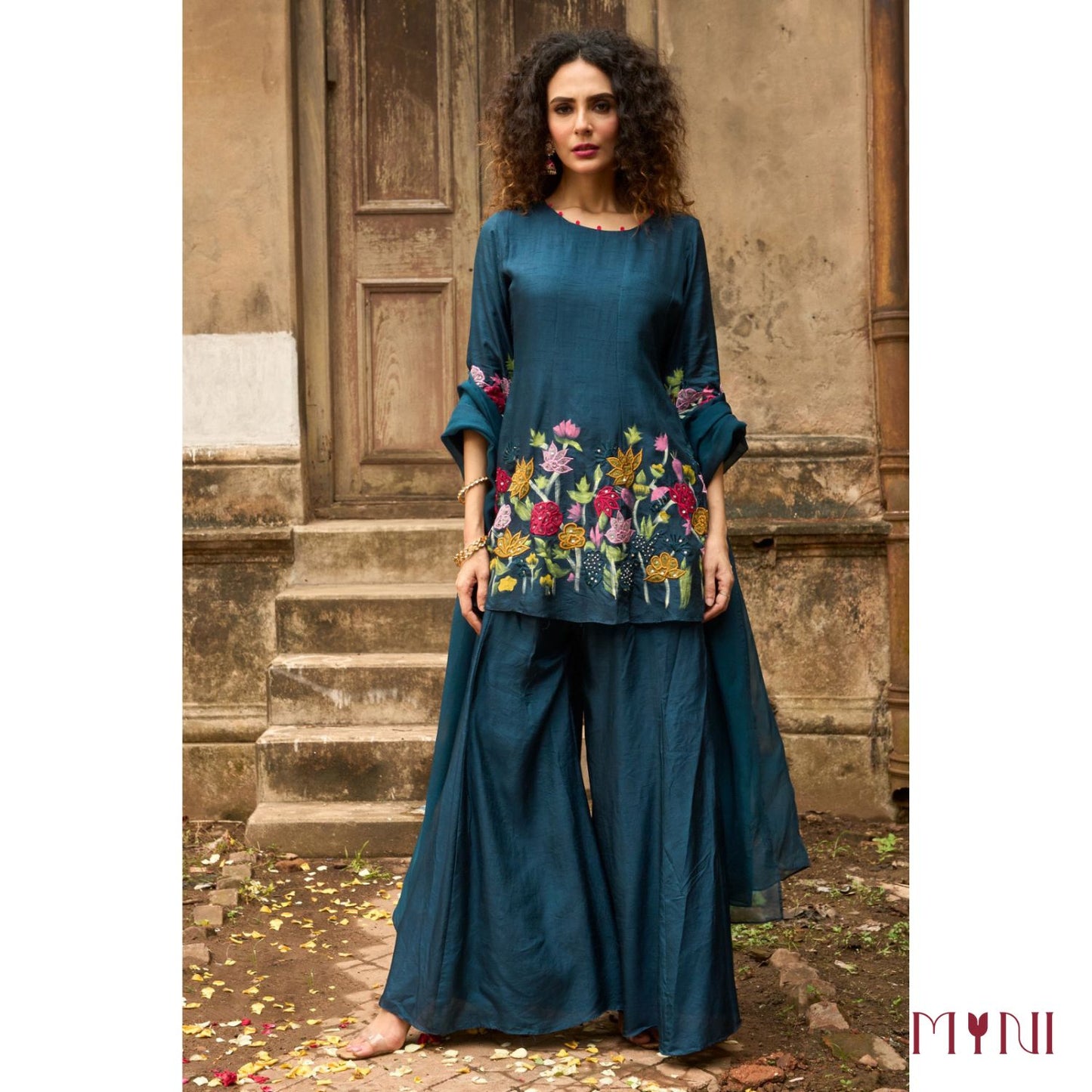 Teal Blue Patch Work Co-Ord Set with Hand-Painted Organza Dupatta