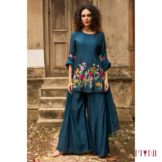 Teal Blue Patch Work Co-Ord Set with Hand-Painted Organza Dupatta