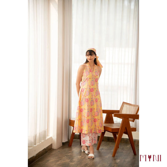 Butter Yellow Halter Neck Floral Print Cotton Kurta Set