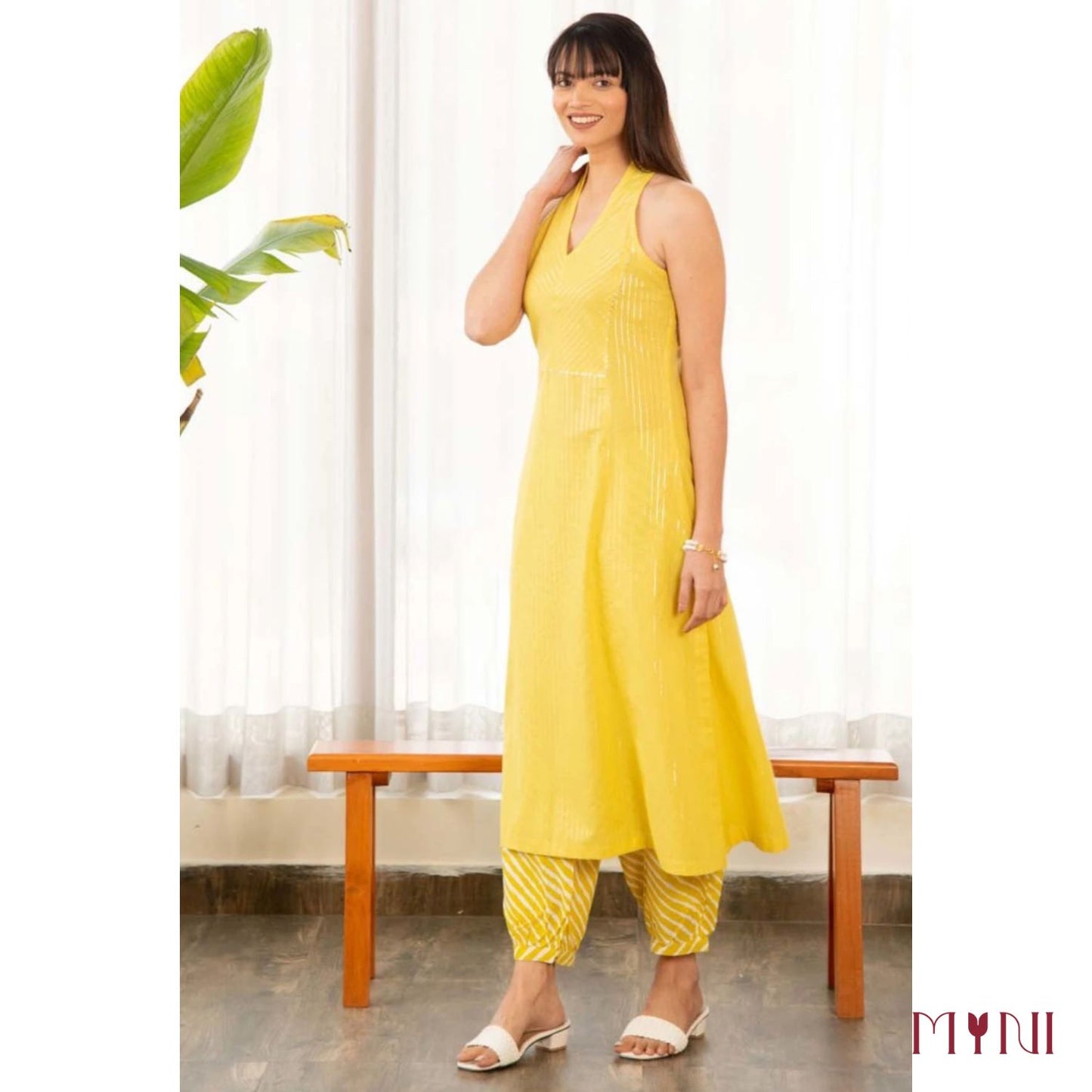 Yellow A-Line Kurti With Afghani Salwar Pure Cotton