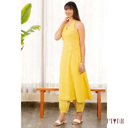 Yellow A-Line Kurti With Afghani Salwar Pure Cotton