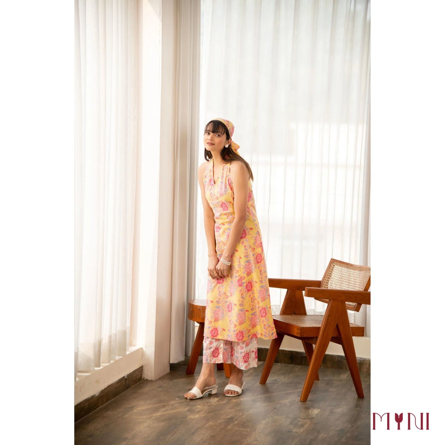 Butter Yellow Halter Neck Floral Print Cotton Kurta Set