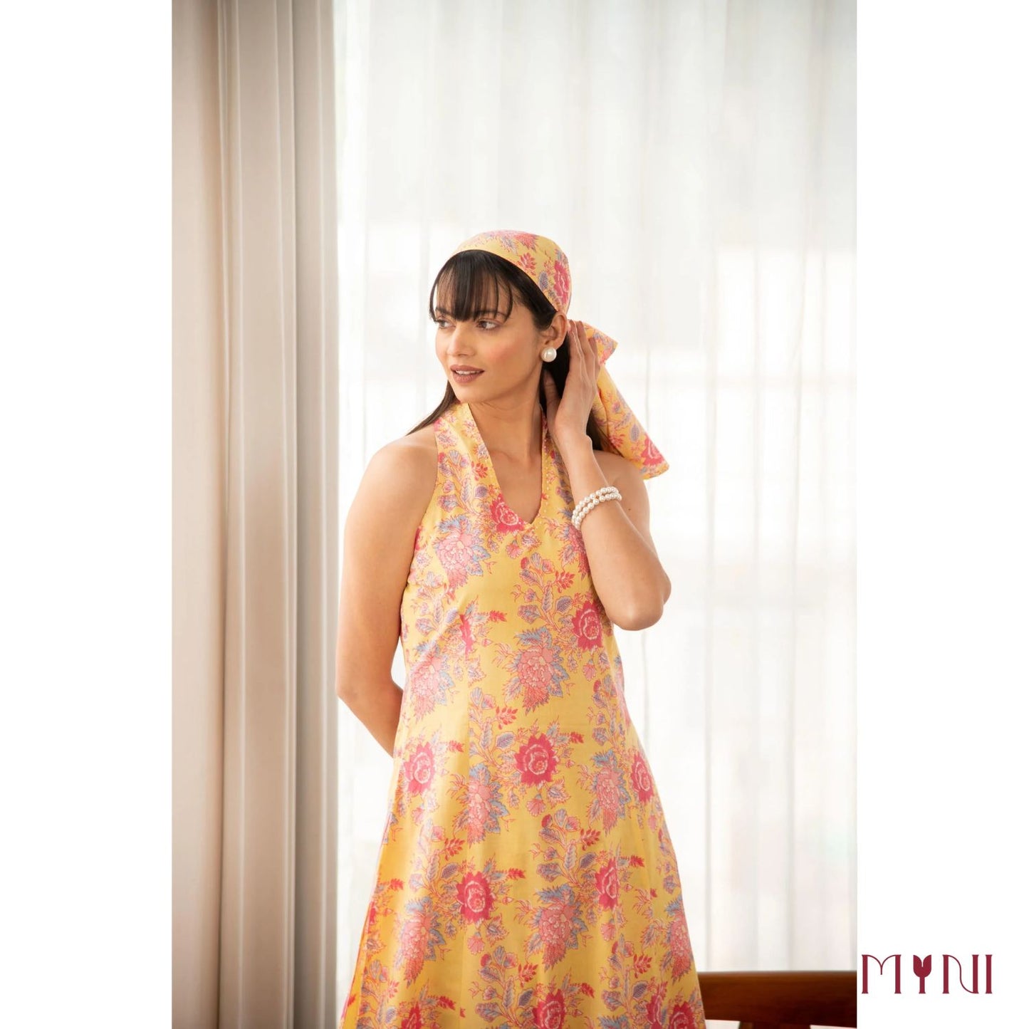 Butter Yellow Halter Neck Floral Print Cotton Kurta Set