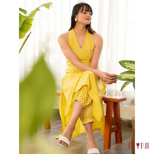 Yellow A-Line Kurti With Afghani Salwar Pure Cotton