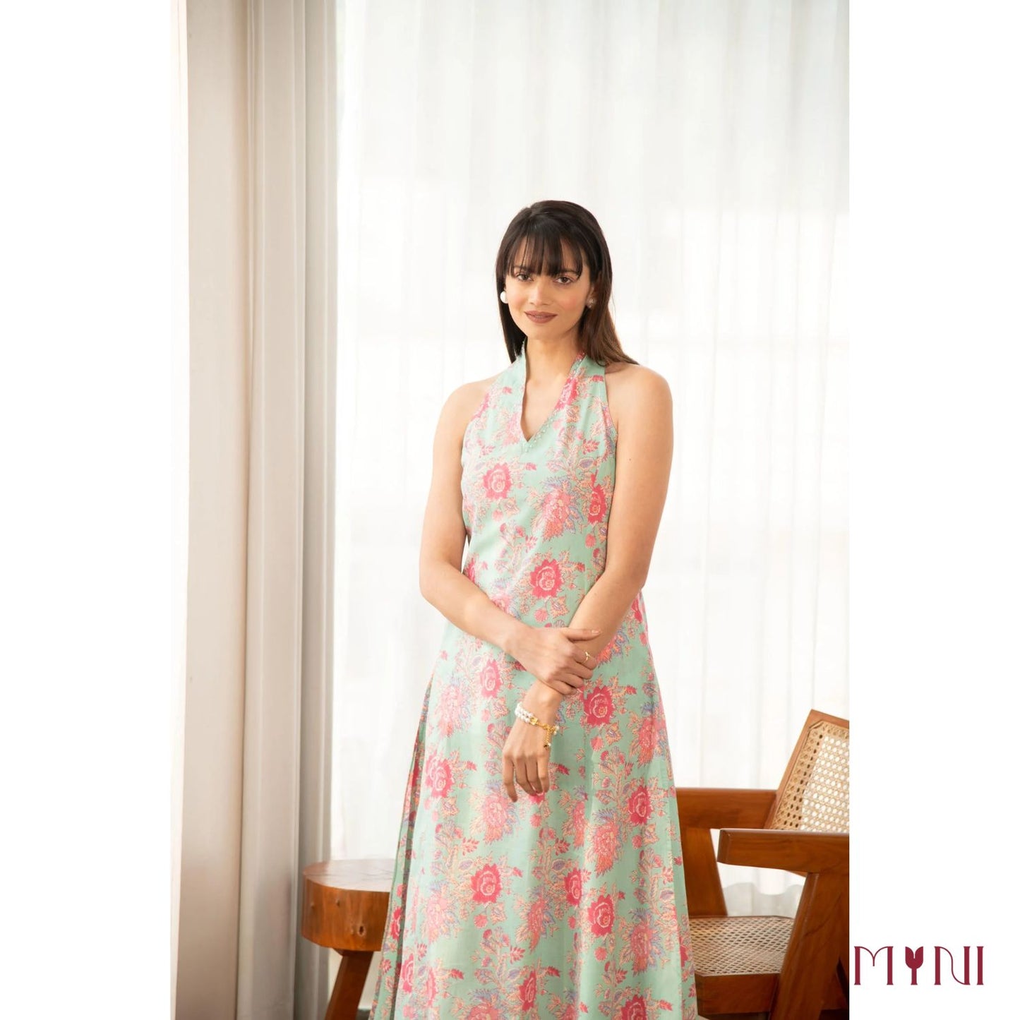 Pastel Green Halter Neck Floral Print Cotton Kurta Set