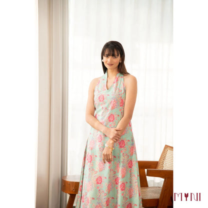 Pastel Green Halter Neck Floral Print Cotton Kurta Set