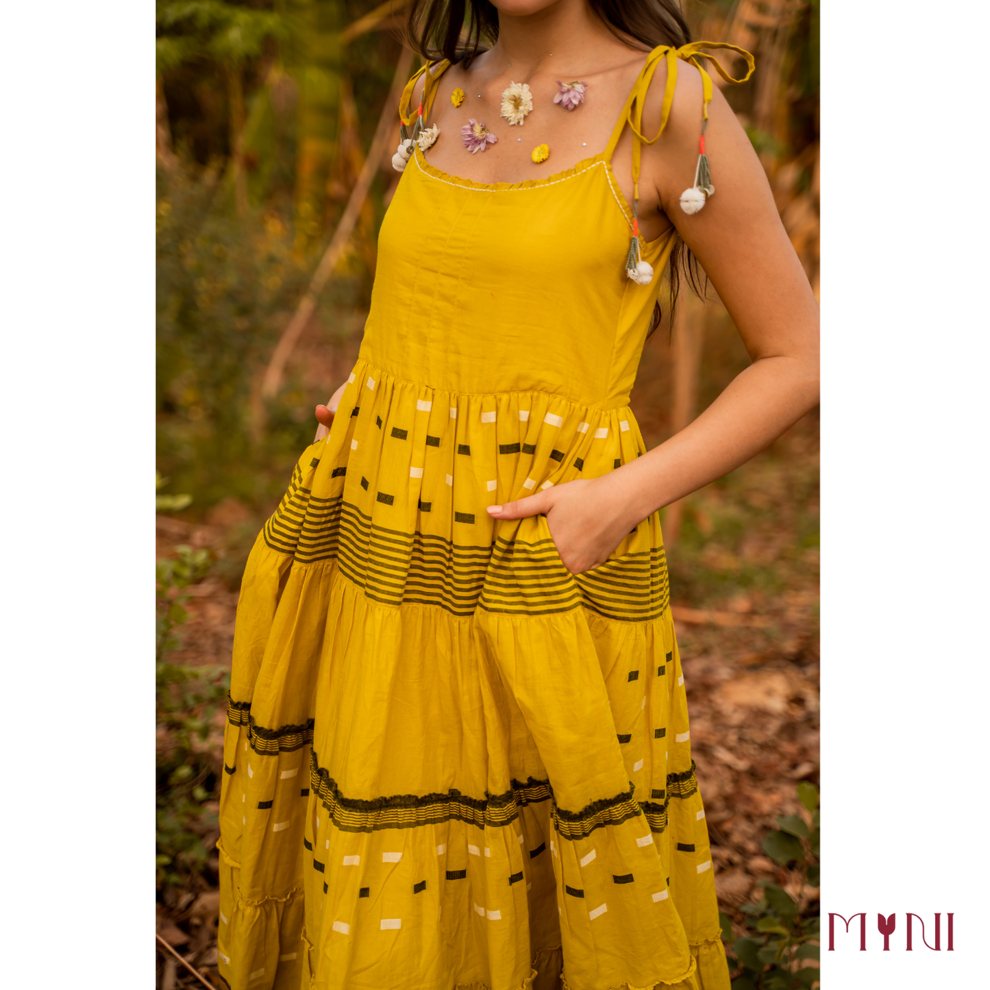 Jamdani Mustard Tiered Dress