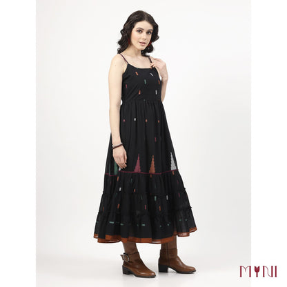 Black Ikat Work Tiered Dress