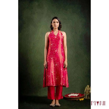Rosy Shimmer Halter Neck Tissue Kurta With Pant