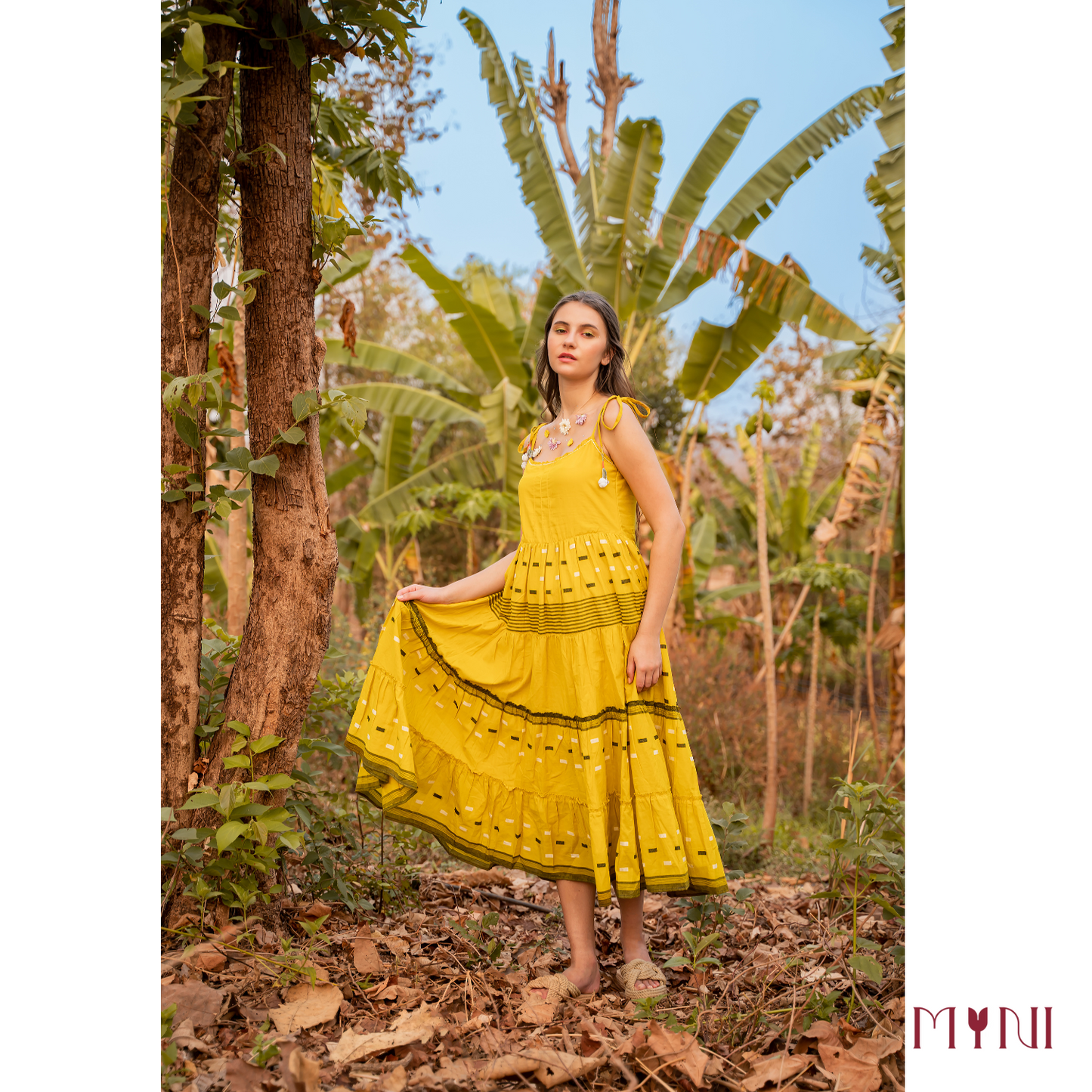 Jamdani Mustard Tiered Dress