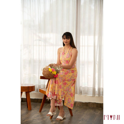 Butter Yellow Halter Neck Floral Print Cotton Kurta Set