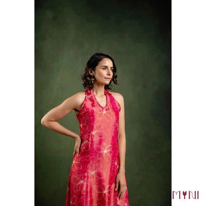 Rosy Shimmer Halter Neck Tissue Kurta With Pant