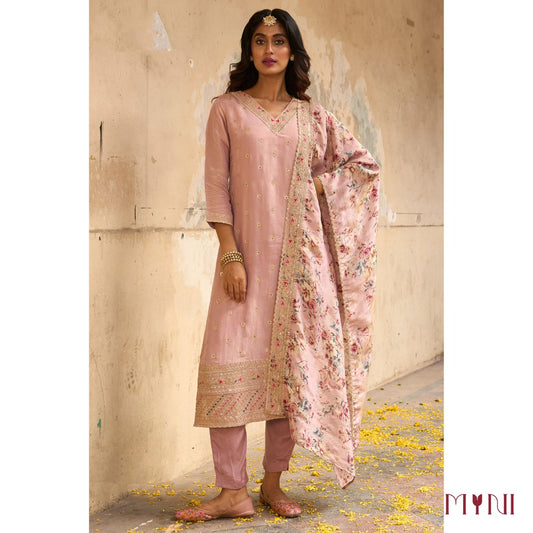 Blush Pink Embroidered Kurta Set with Printed Dupatta
