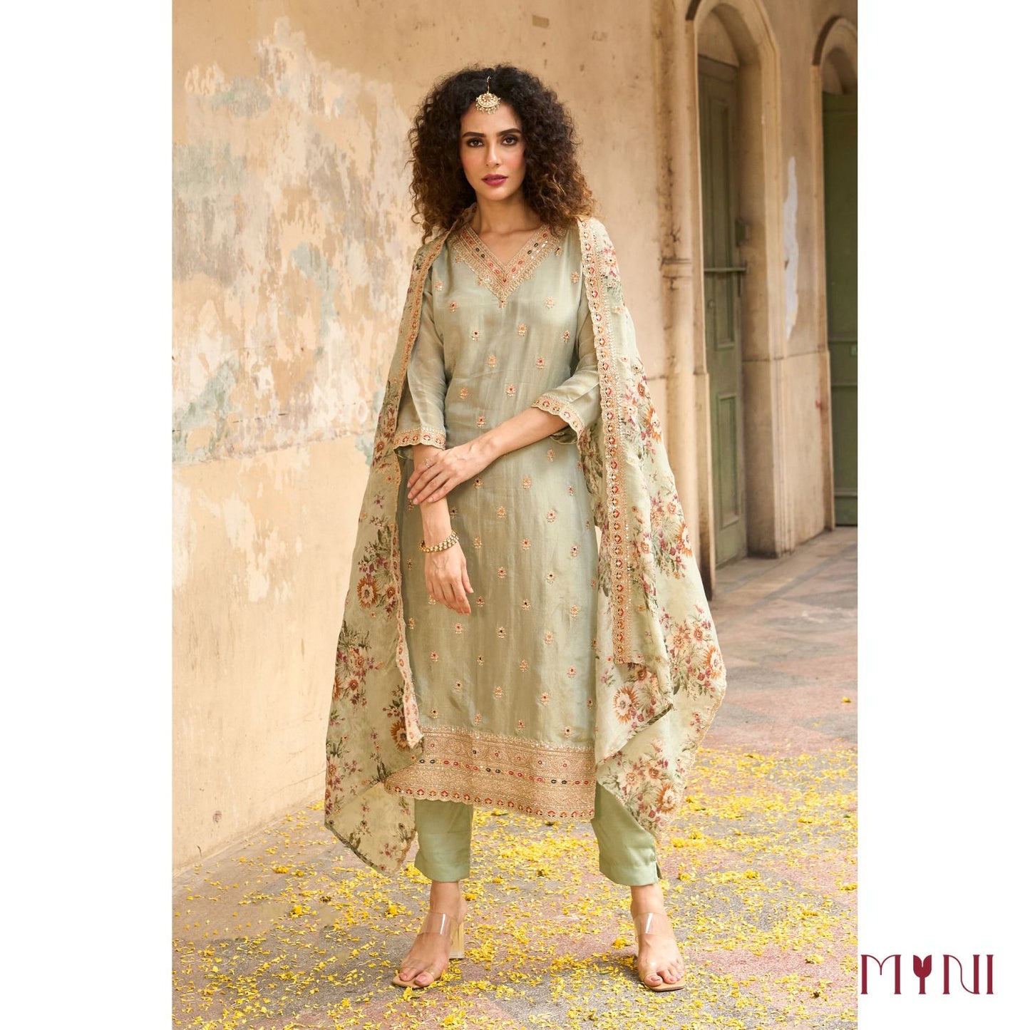 Mint Green Embroidered Kurta Set with Printed Dupatta