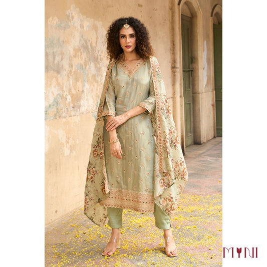 Mint Green Embroidered Kurta Set with Printed Dupatta