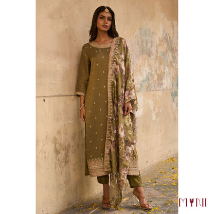 Olive Embroidered Tissue Kurta Set With Printed Dupatta