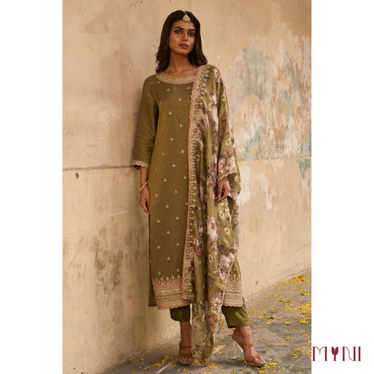 Olive Embroidered Tissue Kurta Set With Printed Dupatta