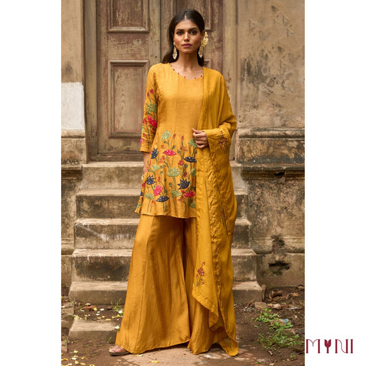 Turmeric Patch Work Co-Ord Set with Hand-Painted Organza Dupatta