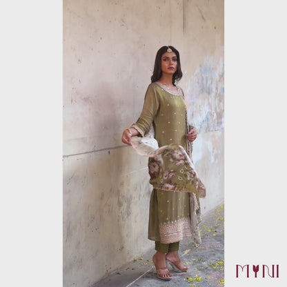 Olive Embroidered Tissue Kurta Set With Printed Dupatta
